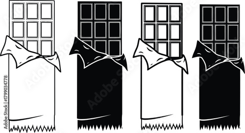 Four stylized chocolate bars with wrappers partially unwrapped and torn edges