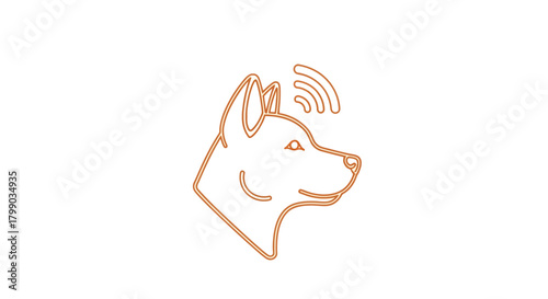 Line art illustration of a dog's head with wireless signals, symbolizing pet tracking or smart animal technology.
