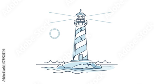 A minimalist line art illustration of a lighthouse standing on rocks in the ocean, emitting light beams.