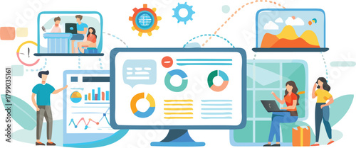 Modern digital transformation concept illustrating collaborative people interacting with technology and data for business growth and innovation