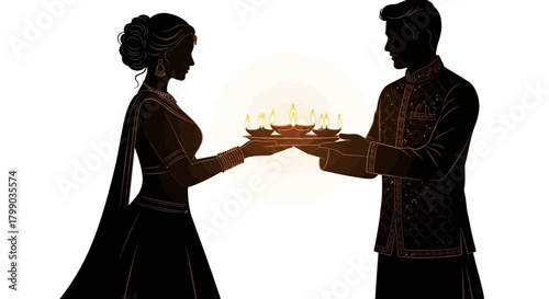Silhouettes of a man and woman holding a tray of lit diyas, celebrating a traditional Indian festival.