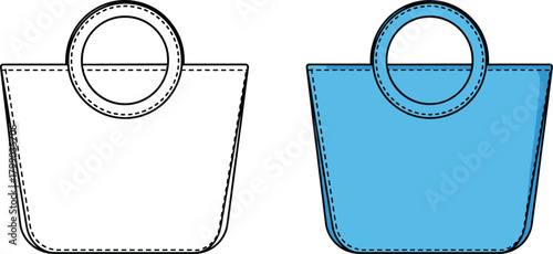 Round handle tote bag CAD sketch, flat vector handbag illustration, technical accessory drawing, fashion bag blueprint, detailed product design template artwork