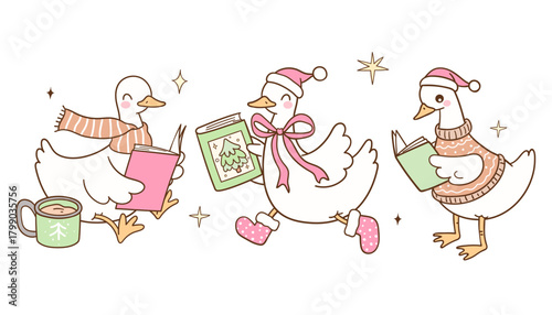 Draw vector cute goose reading book Merry christmas Bookish lover Doodle cartoon