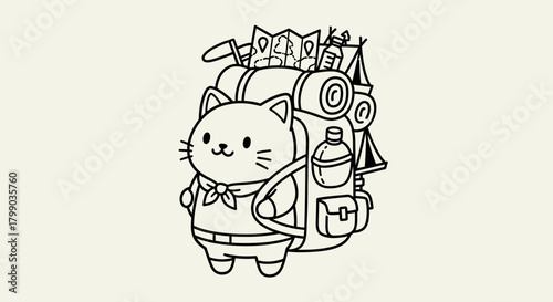 A cute cartoon cat wearing a large backpack filled with camping gear, ready for an adventure.