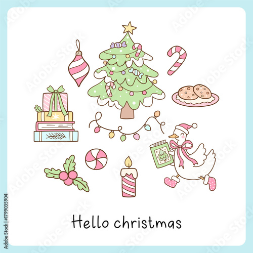 Draw vector cute silly goose with element christmas Winter season Bookish lover Doodle cartoon