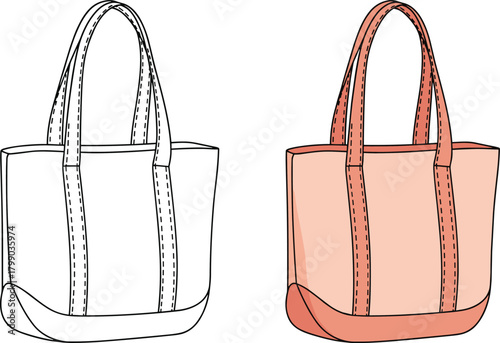 Tote bag CAD sketch, flat vector illustration, fashion accessory template, technical handbag drawing, clean outline design, minimal product artwork, editable design file