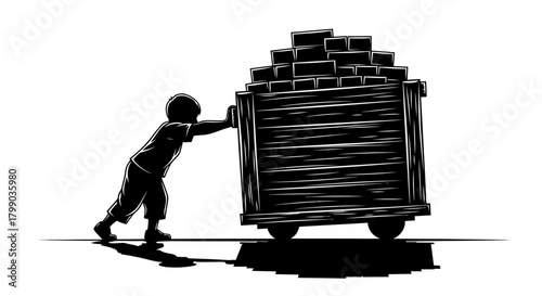 A small child's silhouette struggles to push a heavy cart filled with bricks, depicting effort and burden.