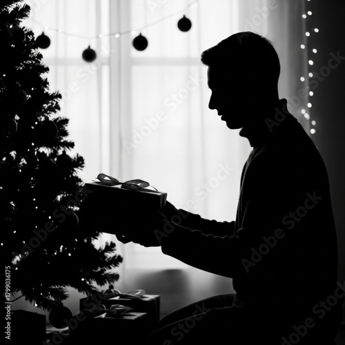 Silhouette of a man carefully placing a present under the Christmas tree.