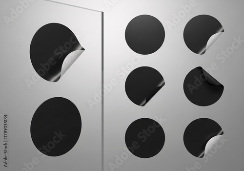 Blank black round adhesive stickers mock up with curved corner, 3d rendering. Empty circle sticky label mockup with curl. Clear adherent tag template for glass door or wall 