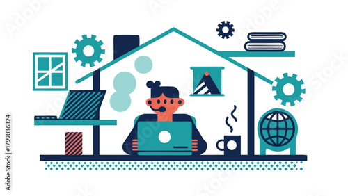 Illustration of a focused employee working at a desk and drinking coffee symbolizing productivity and office life with a touch of refreshment