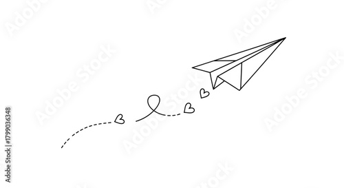A minimalist line art drawing of a paper airplane flying with a dotted trail and small heart shapes.