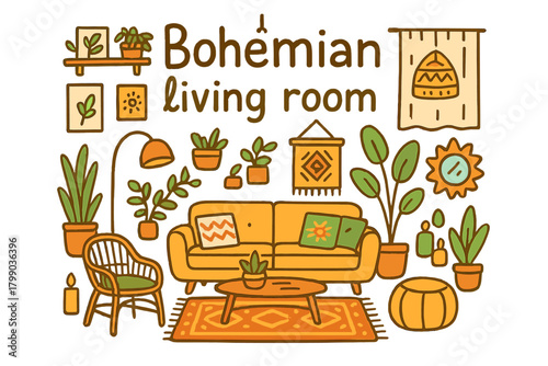 Bohemian Living Room Doodle. Bohemian living room. Hand-drawn doodle illustration of bohemian living room.