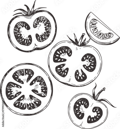 Black white sketch of sliced tomatoes vector