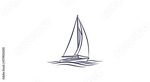 A minimalist hand-drawn sketch of a sailboat with sails on water, depicted with simple lines on a white background.