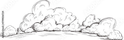 Fluffy cloudscape sketch drawing black