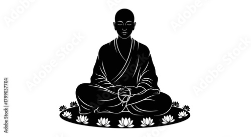 Minimalist black and white vector silhouette of a serene Buddhist monk in full lotus meditation pose, bald head, eyes closed in deep calm, wearing traditional flowing robes with wrapped sash, hands in