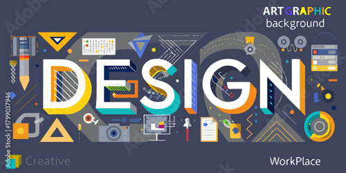 Creative workplace design art graphic background with tools and icons