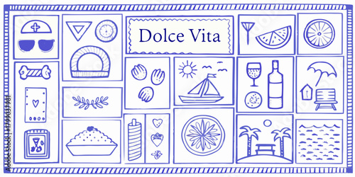 Dolce vita collection of hand drawn icons representing italian lifestyle and summer vacation