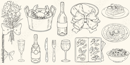 Elegant hand drawn sketch of a celebration meal with flowers wine crab and desserts