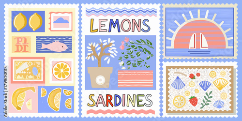 Whimsical collection of illustrated stamps featuring lemons sardines and summer beach scenes