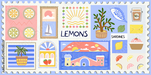 A charming collection of illustrated postage stamps featuring lemons sardines fruit and mediterranean scenes