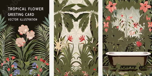 Tropical floral greeting card designs with lush foliage and exotic flowers in various settings