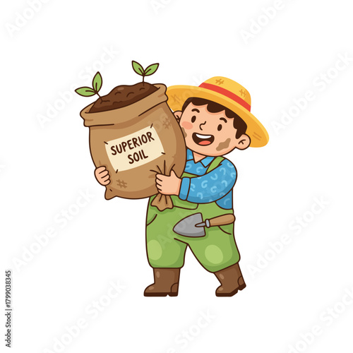 Cheerful cartoon farmer proudly presenting a large sack of superior soil with green sprouts, embodying the spirit of successful gardening, planting, and agricultural growth