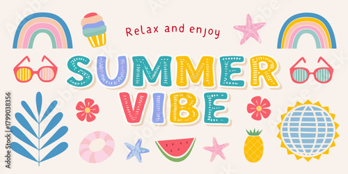 Summer vibe relax and enjoy cute cartoon elements with rainbows ice cream sunglasses and tropical fruits