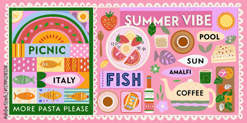 Whimsical italian summer picnic scene with food and drinks