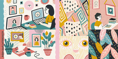 Creative collage of diverse people working and studying at home with plants and abstract patterns
