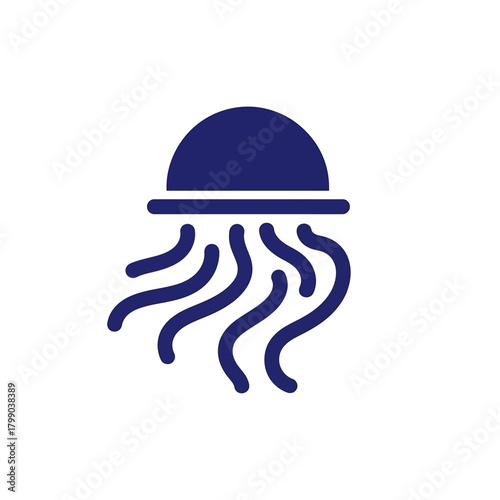 Simple blue jellyfish icon with wavy tentacles on a white background, representing marine life and aquatic creatures.