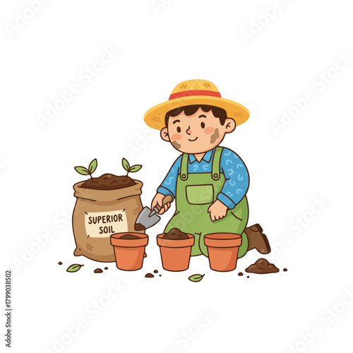 Young gardener planting seedlings in pots with superior soil, a charming illustration of hobby gardening, nurturing new life and the fulfilling connection with nature