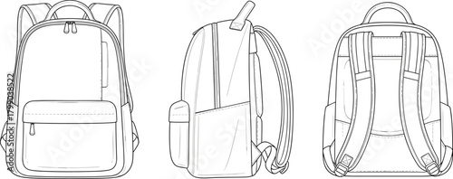 CAD backpack drawing, detailed vector illustration of bag design, technical flat sketch, outline travel backpack, fashion accessory blueprint artwork