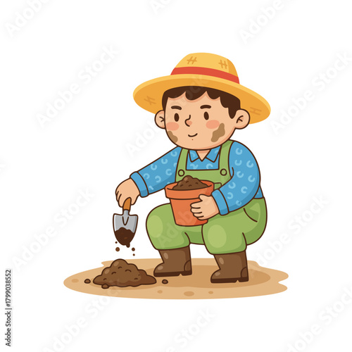 Cheerful cartoon character in a straw hat and overalls, happily engaged in the hobby of planting seeds from a pot into the soil with a small shovel, depicting gardening and cultivation activities