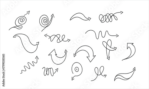 Collection of hand drawn sketch arrows and lines in various abstract curved and directional shapes