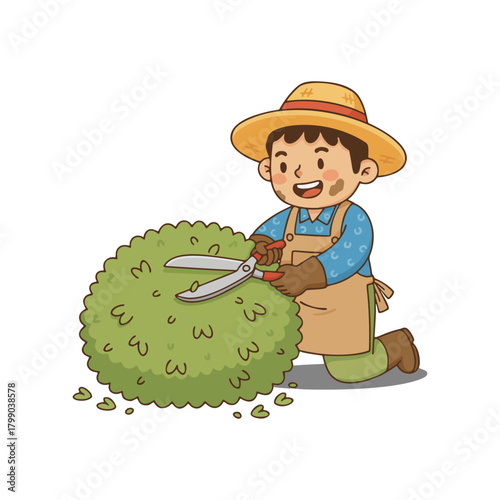 Smiling garden worker cartoon character trimming lush green shrubs with gardening shears, representing plant care and outdoor maintenance activities