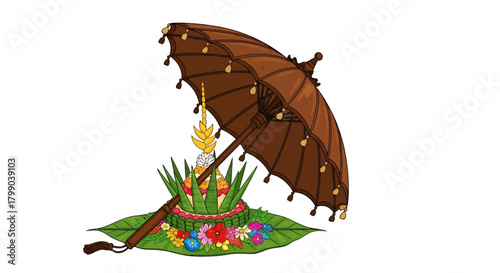 Traditional Thai Loy Krathong floating offering with a small brown umbrella and colorful flowers on a banana leaf.