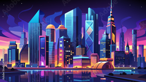 Very beautiful panoramic night view of Manhattan, New York, USA, showcasing illuminated skyscrapers, glowing streets, and the iconic city skyline reflecting the vibrant energy of the metropolis.