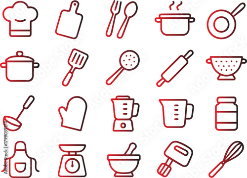 A collection of essential kitchen tools and utensils isolated on white background, including cookware, cutlery, and appliances for culinary tasks and food preparation