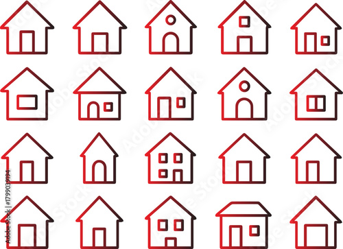 Collection of house illustrations isolated on white background, showcasing diverse architectural styles in a minimalist, line art style for real estate design