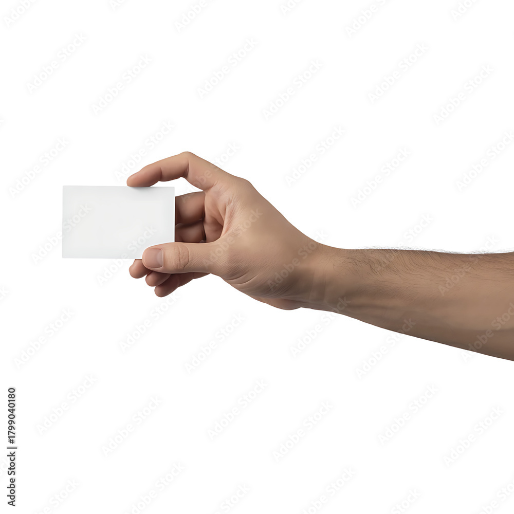 Obraz premium A human hand holding a small blank white card isolated on transparent background
