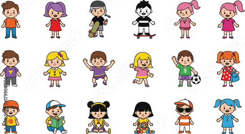Cute cartoon children characters in various outfits and activities, happy kids illustration set, playful boys and girls collection, colorful design
