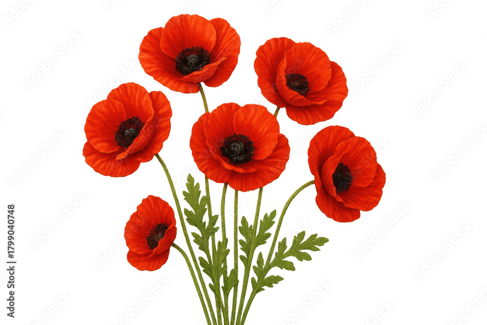 Obraz premium Red poppies bouquet illustration on transparent background symbolizing remembrance, nature, spring, and peace