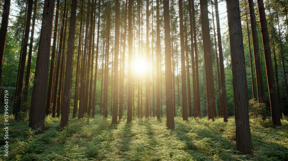 Obraz premium Sunlight through tall pine tree trunks forest floor fern carpet serene morning glow