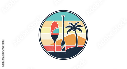 A retro vintage sunset logo featuring a paddleboard, paddle, and palm tree on a beach island, perfect for summer vacation.