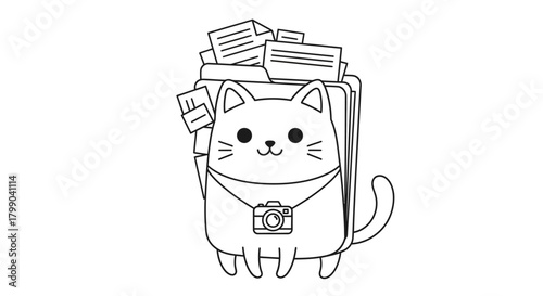 Cute cartoon cat character designed as a document folder, wearing a camera, in black and white line art style.