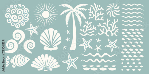 Collection of white beach and ocean elements on a muted blue background