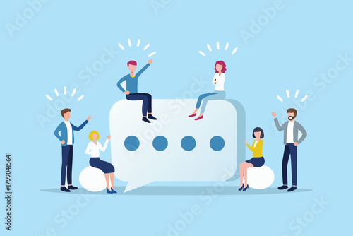 Diverse group of people collaborating and communicating around a large speech bubble illustration