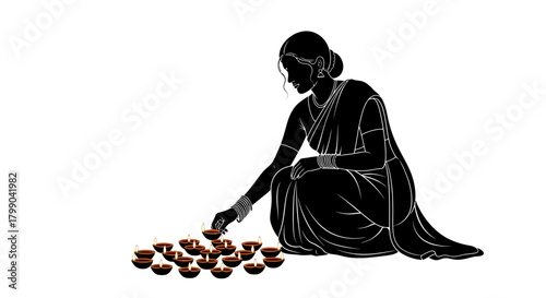 A silhouette of an Indian woman in a saree arranging traditional clay oil lamps (diyas) on the ground, symbolizing a festival.