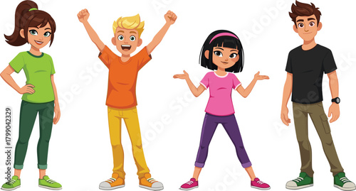 Cartoon teenagers standing and posing, cheerful diverse teen characters in colorful outfits, happy animated group illustration perfect for education, storytelling, digital projects
